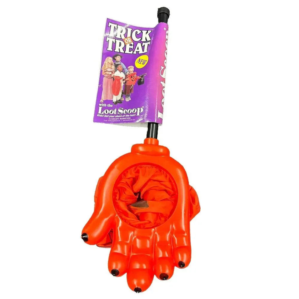Vintage Halloween Trick Or Treat Loot Scoop Candy Bag Orange Pumpkin Hand Y2K